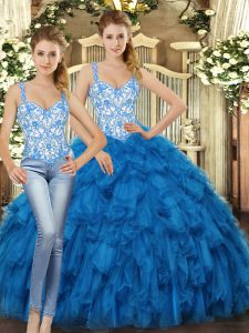 Enchanting Straps Sleeveless Quinceanera Gown Floor Length Beading and Ruffles Blue Organza