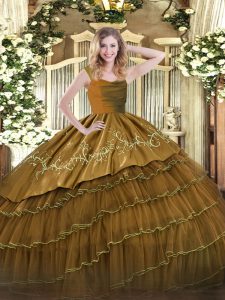 Gorgeous Ball Gowns Quinceanera Gown Brown Straps Satin and Organza Sleeveless Floor Length Zipper
