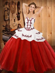 Red Tulle Lace Up Quinceanera Dresses Sleeveless Floor Length Embroidery