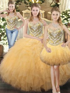 Luxury Gold Ball Gowns Tulle Sweetheart Sleeveless Beading and Ruffles Floor Length Lace Up Vestidos de Quinceanera