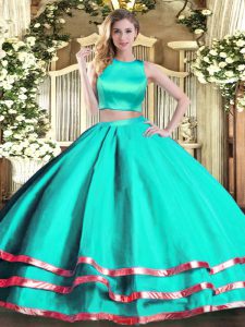 Fantastic Two Pieces Sweet 16 Quinceanera Dress Turquoise High-neck Tulle Sleeveless Floor Length Criss Cross