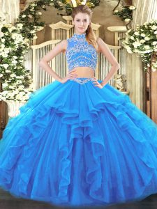 Superior Sleeveless Tulle Floor Length Backless Military Ball Gown in Baby Blue with Beading and Ruffles