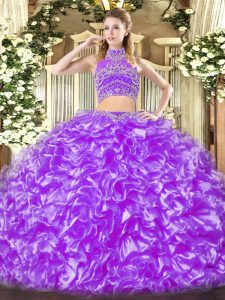 Elegant Tulle High-neck Sleeveless Backless Beading and Ruffles Quinceanera Dresses in Lavender