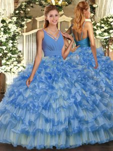 Ball Gowns Sweet 16 Dress Blue V-neck Organza Sleeveless Floor Length Backless