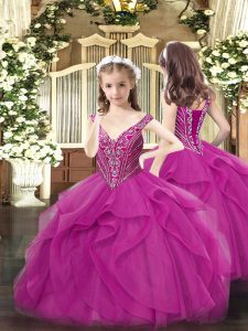 Sleeveless Tulle Floor Length Lace Up Kids Pageant Dress in Fuchsia with Beading and Ruffles