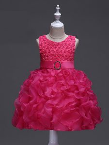 Organza Scoop Sleeveless Lace Up Ruffles and Belt Little Girls Pageant Dress Wholesale in Hot Pink