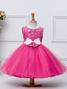 Hot Pink Ball Gowns Scoop Sleeveless Tulle Knee Length Zipper Lace and Bowknot Pageant Dress for Teens