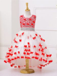 Appliques and Sequins Child Pageant Dress White And Red Zipper Sleeveless High Low