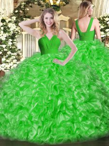 Clearance Floor Length Zipper Quinceanera Gown Green for Military Ball and Sweet 16 and Quinceanera with Ruffles