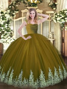 Classical Ball Gowns Sweet 16 Quinceanera Dress Olive Green Straps Tulle Sleeveless Floor Length Zipper