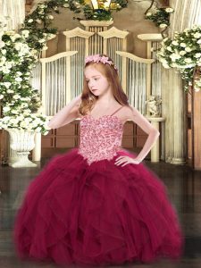 Wine Red Lace Up Pageant Dress for Girls Appliques and Ruffles Sleeveless Floor Length