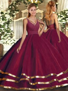 Shining Burgundy Ball Gowns V-neck Sleeveless Tulle Floor Length Backless Ruching Sweet 16 Dress