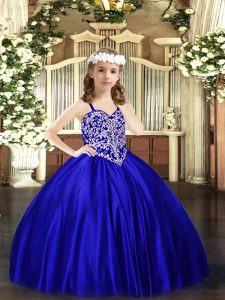 Wonderful Royal Blue Sleeveless Satin Lace Up Little Girl Pageant Dress for Party and Quinceanera