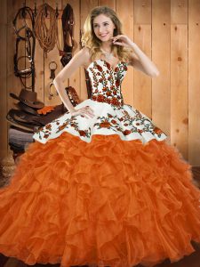 Organza Sweetheart Sleeveless Lace Up Embroidery and Ruffles Ball Gown Prom Dress in Orange Red