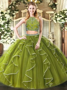 Olive Green Zipper Sweet 16 Quinceanera Dress Beading and Ruffles Sleeveless Floor Length