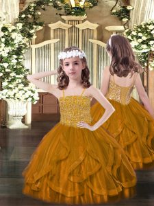Exquisite Brown Sleeveless Tulle Lace Up Little Girl Pageant Gowns for Party and Quinceanera