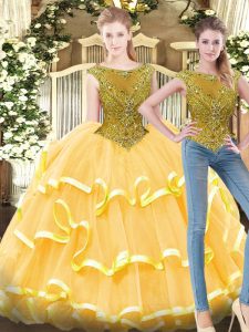 Tulle Bateau Sleeveless Zipper Beading and Ruffled Layers Sweet 16 Dress in Gold