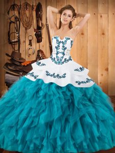 Elegant Teal Quinceanera Gowns Military Ball and Sweet 16 and Quinceanera with Embroidery and Ruffles Strapless Sleeveless Lace Up