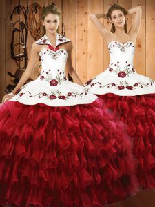 Amazing Halter Top Sleeveless Organza 15 Quinceanera Dress Embroidery and Ruffled Layers Lace Up