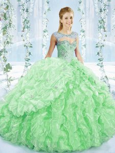 Popular Apple Green Lace Up Sweet 16 Dress Beading and Ruching Sleeveless Brush Train
