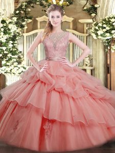 Watermelon Red Scoop Neckline Beading and Ruffled Layers 15th Birthday Dress Sleeveless Backless