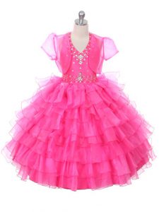 Sleeveless Floor Length Beading and Ruffled Layers Lace Up Girls Pageant Dresses with Hot Pink