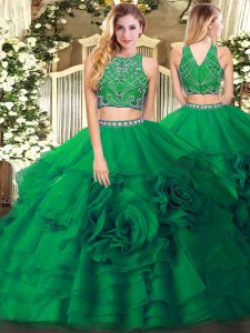 Custom Design Dark Green Sleeveless Beading and Ruffled Layers Floor Length Quinceanera Gowns
