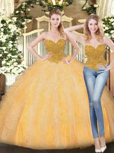 Exquisite Tulle Sweetheart Sleeveless Zipper Beading and Ruffles 15 Quinceanera Dress in Gold