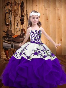 Luxurious Sleeveless Floor Length Embroidery and Ruffles Lace Up Pageant Dress for Teens with White And Purple