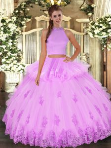 Halter Top Sleeveless 15th Birthday Dress Floor Length Beading and Appliques and Ruffles Lilac Tulle