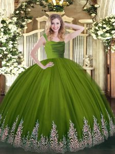 Straps Sleeveless Ball Gown Prom Dress Floor Length Beading and Appliques Olive Green Tulle