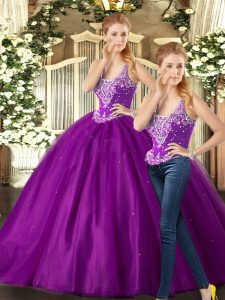 Affordable Sleeveless Tulle Floor Length Lace Up Vestidos de Quinceanera in Purple with Beading