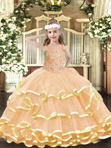 Admirable Peach Sleeveless Floor Length Beading and Ruffled Layers Lace Up Little Girls Pageant Gowns