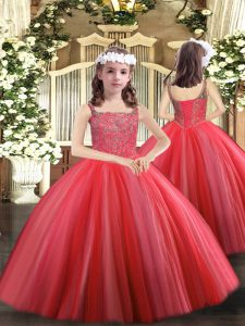 Coral Red Ball Gowns Straps Sleeveless Tulle Floor Length Lace Up Beading Kids Formal Wear