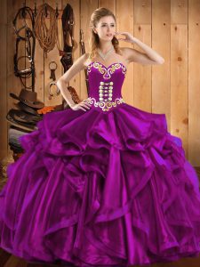 Fuchsia Ball Gowns Organza Sweetheart Sleeveless Embroidery and Ruffles Floor Length Lace Up Quinceanera Dresses
