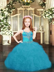 Aqua Blue Ball Gowns Spaghetti Straps Sleeveless Organza Floor Length Lace Up Beading and Ruffles and Pick Ups Pageant Dress for Teens