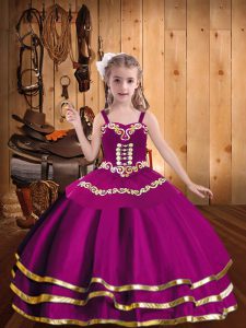 Straps Sleeveless Child Pageant Dress Floor Length Embroidery and Ruffled Layers Fuchsia Tulle