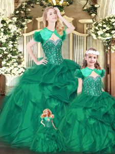 Green Quinceanera Dresses Military Ball and Sweet 16 and Quinceanera with Beading and Ruffles Sweetheart Sleeveless Lace Up
