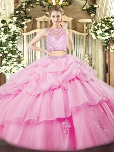 Affordable Rose Pink Quinceanera Gown Military Ball and Sweet 16 and Quinceanera with Beading and Ruffles High-neck Sleeveless Zipper