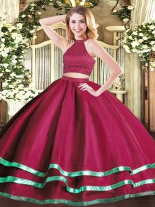 Sleeveless Tulle Floor Length Backless Quinceanera Gown in Fuchsia with Beading