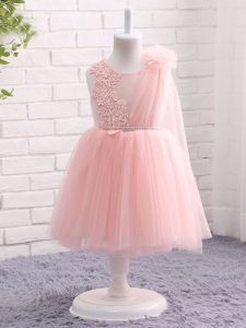 Superior Knee Length Baby Pink Kids Formal Wear Tulle Sleeveless Appliques and Hand Made Flower