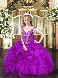 Affordable Sleeveless Floor Length Beading and Ruffles Lace Up High School Pageant Dress with Purple