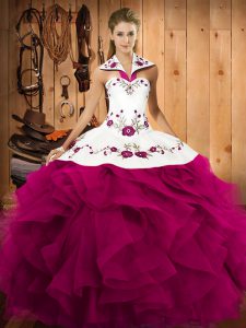 Flirting Halter Top Sleeveless Lace Up Quinceanera Gowns Fuchsia Tulle