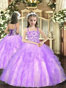 Great Lavender Tulle Lace Up Straps Sleeveless Floor Length Evening Gowns Beading and Ruffles