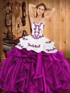 Fuchsia 15th Birthday Dress Military Ball and Sweet 16 and Quinceanera with Embroidery and Ruffles Strapless Sleeveless Lace Up
