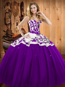 Sexy Eggplant Purple Ball Gowns Embroidery Ball Gown Prom Dress Lace Up Satin and Tulle Sleeveless Floor Length