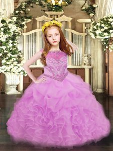 Charming Floor Length Lilac Kids Pageant Dress Organza Sleeveless Beading and Ruffles and Pick Ups