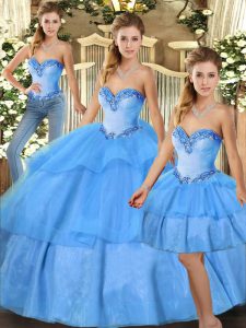 Sleeveless Organza Floor Length Lace Up Quinceanera Gowns in Baby Blue with Beading and Ruffled Layers