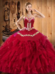 New Arrival Floor Length Lace Up Quinceanera Gowns Wine Red for Military Ball and Sweet 16 and Quinceanera with Embroidery and Ruffles