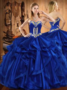 Royal Blue Lace Up Quinceanera Dress Embroidery and Ruffles Sleeveless Floor Length